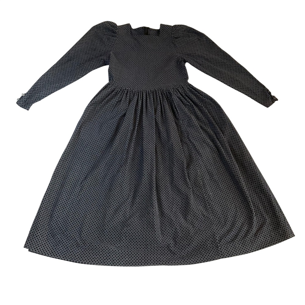 Laura Ashley Dress Women 10 Navy Blue Vintage Cotton Prairie Long Sleeve Pockets
